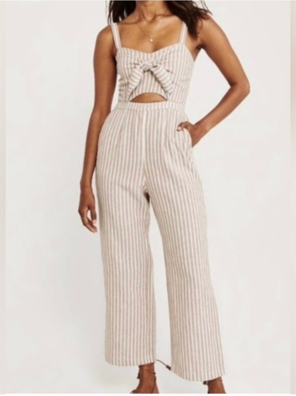 Abercrombie & Fitch Beige/Tan Striped Tie-Front Jumpsuit in Beige S (Bin A-038)